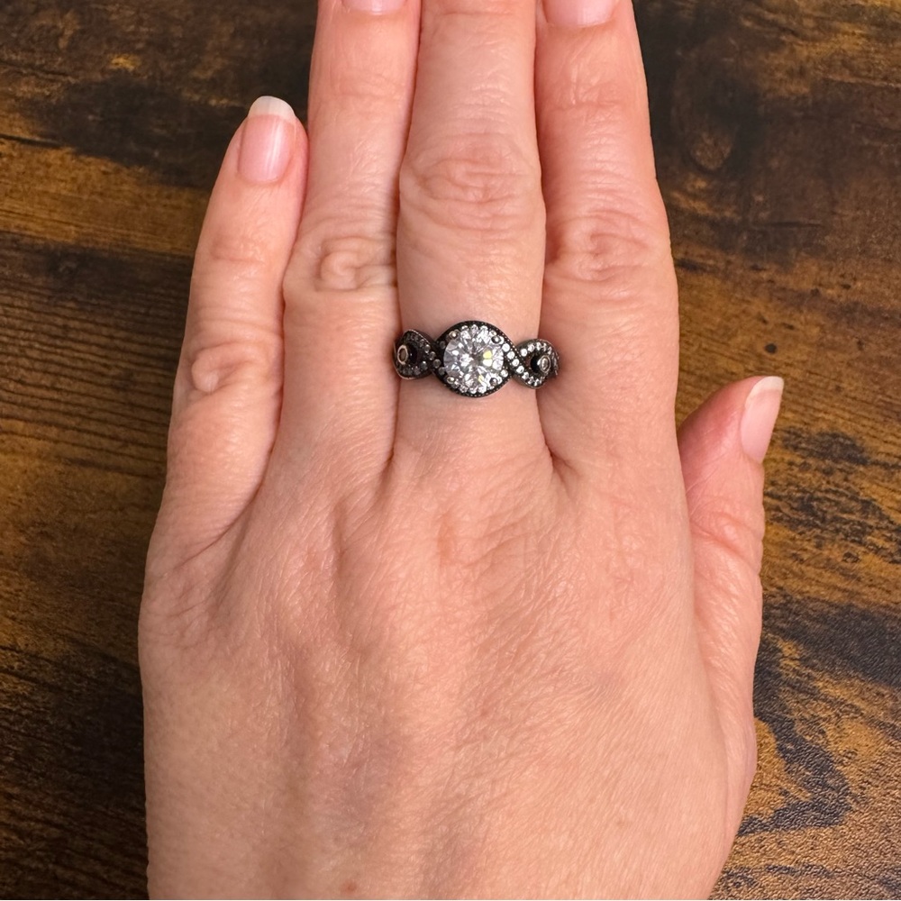 Black Plated Ring Twisted Engagement size 8.25 Stamped 925 As Is